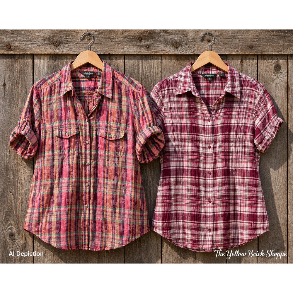 Eddie‎ Bauer Women's Plaid Button Front Shirt Lot 2 Medium Pink Burgundy Cotton